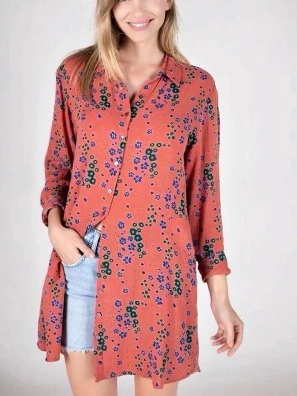 Natural Life Georgia Shirt Tunic Dress Boho Cottage Orange Floral XL Lagenlook